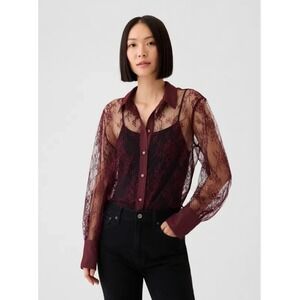 Gap Perfect Shirt Sheer Lace Classic XS Noir Red Button Up Point Collar